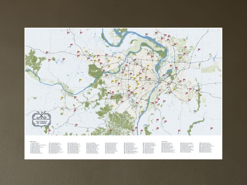 Unframed St. Louis golf courses map print lying flat, ready for framing